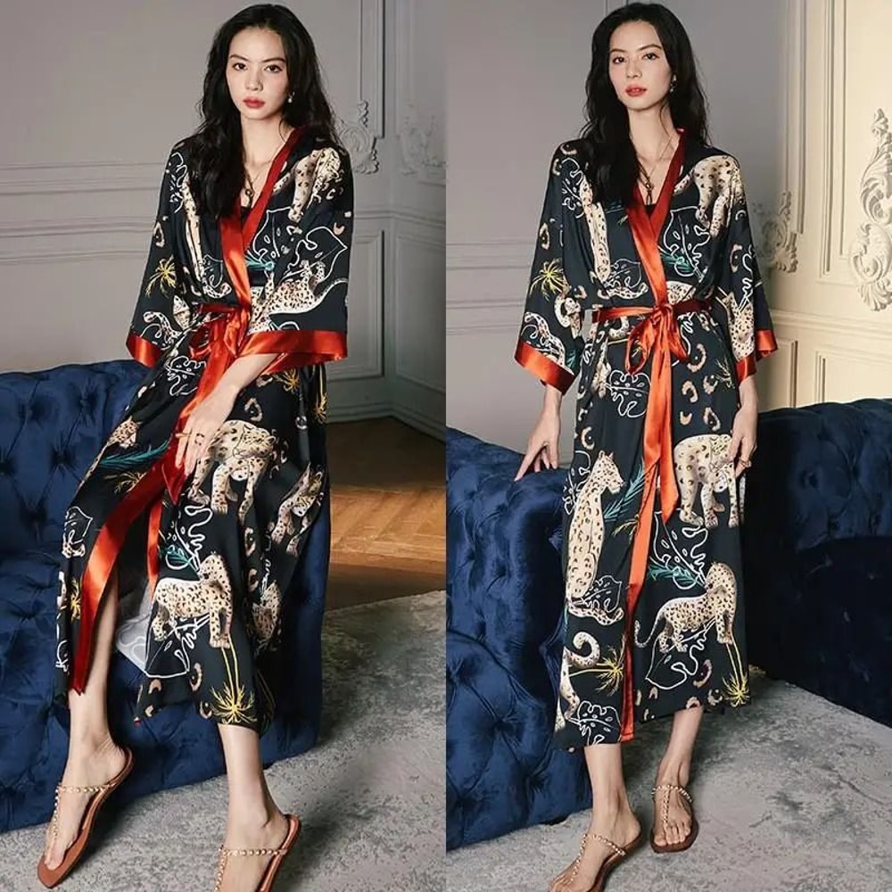 Floral Print Long Kimono Robe Nightgown Set 9
