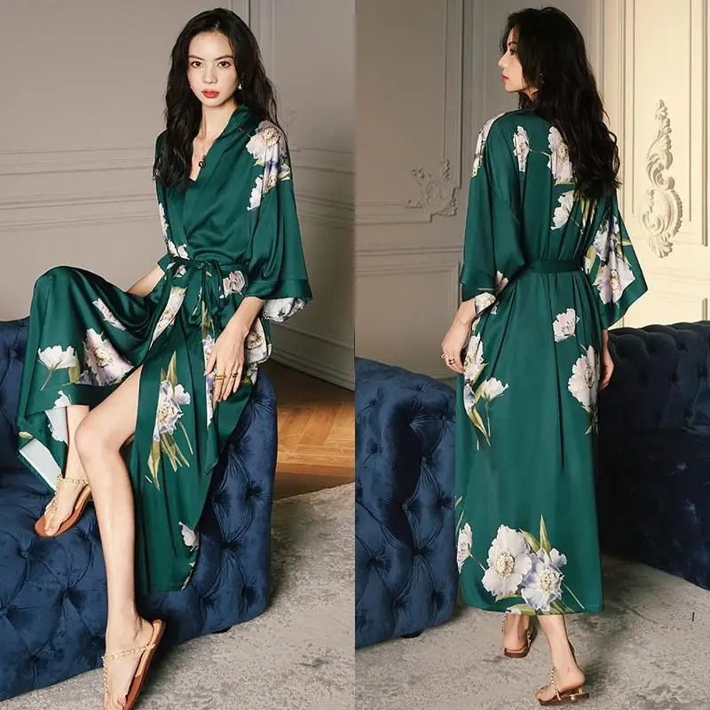Floral Print Long Kimono Robe Nightgown Set 10