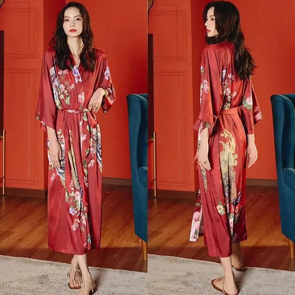 Floral Print Long Kimono Robe Nightgown Set 13