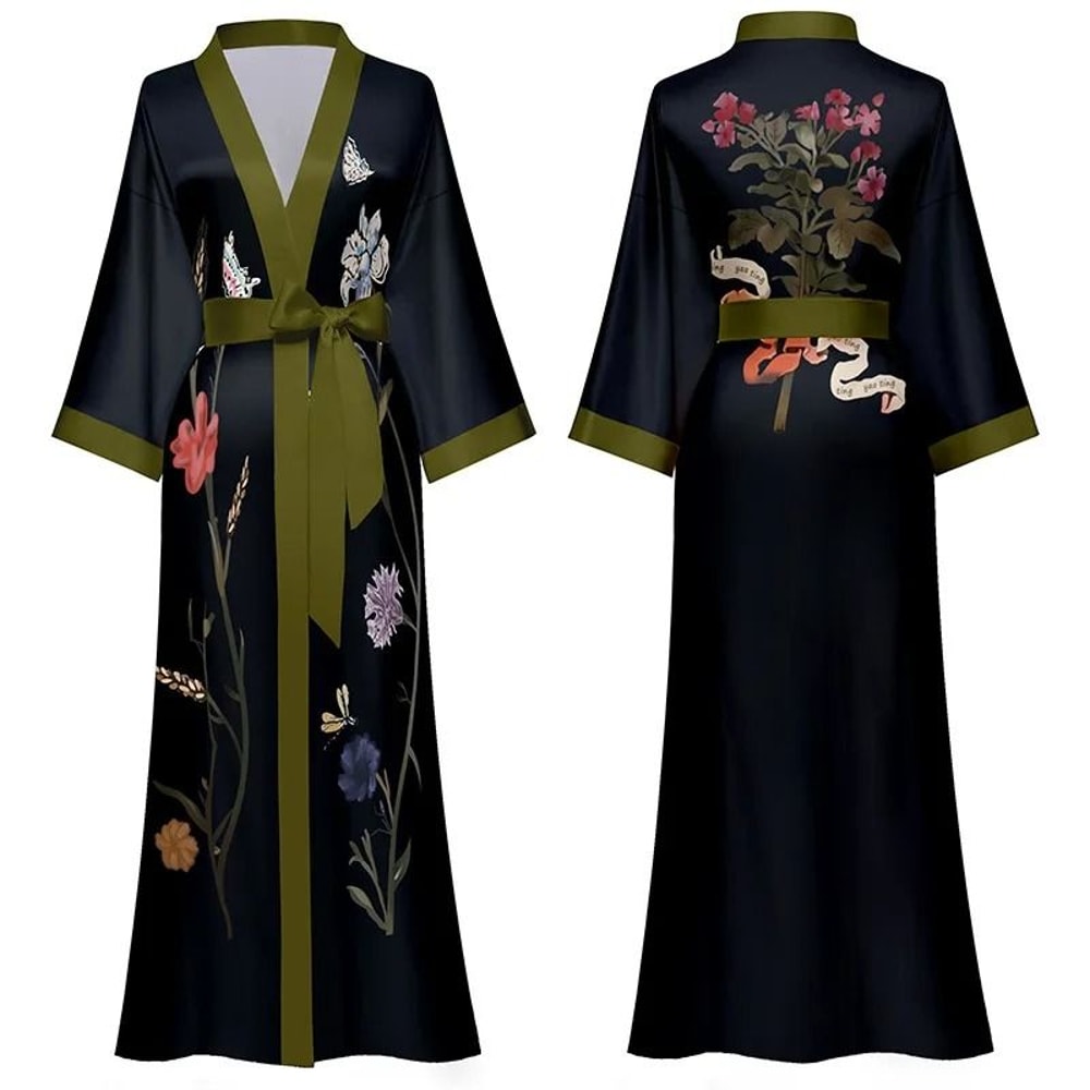 Floral Print Long Kimono Robe Nightgown Set 1