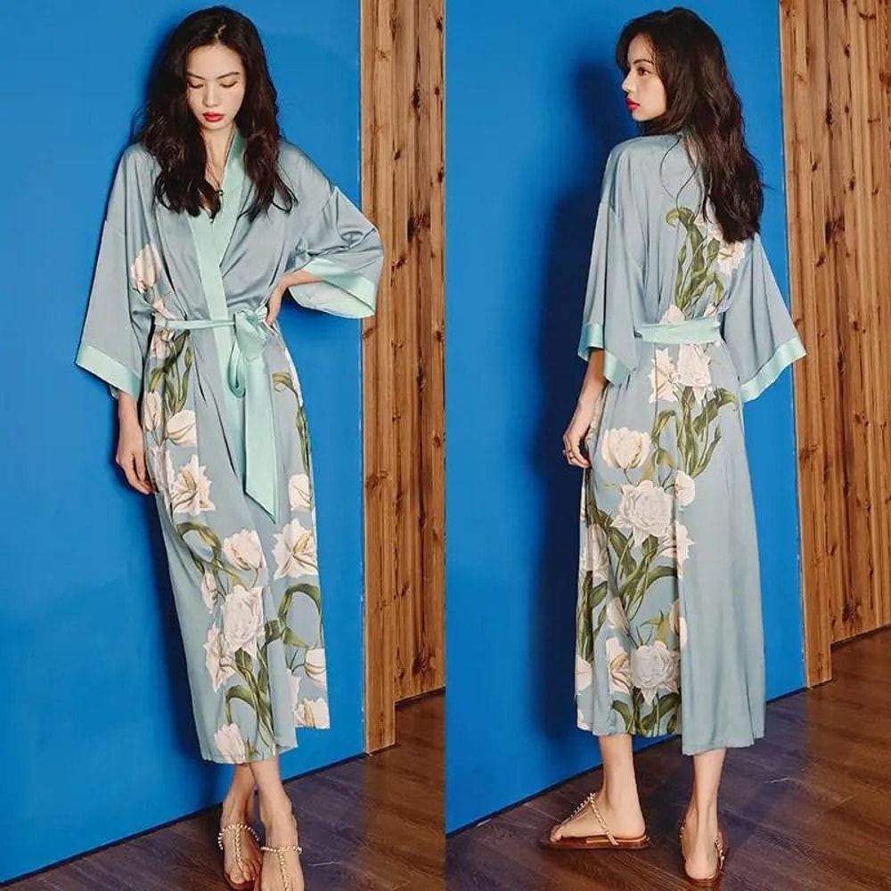 Floral Print Long Kimono Robe Nightgown Set 17