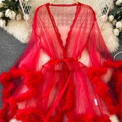 sheer erotic mesh robe – elegant plush-trimmed nightgown