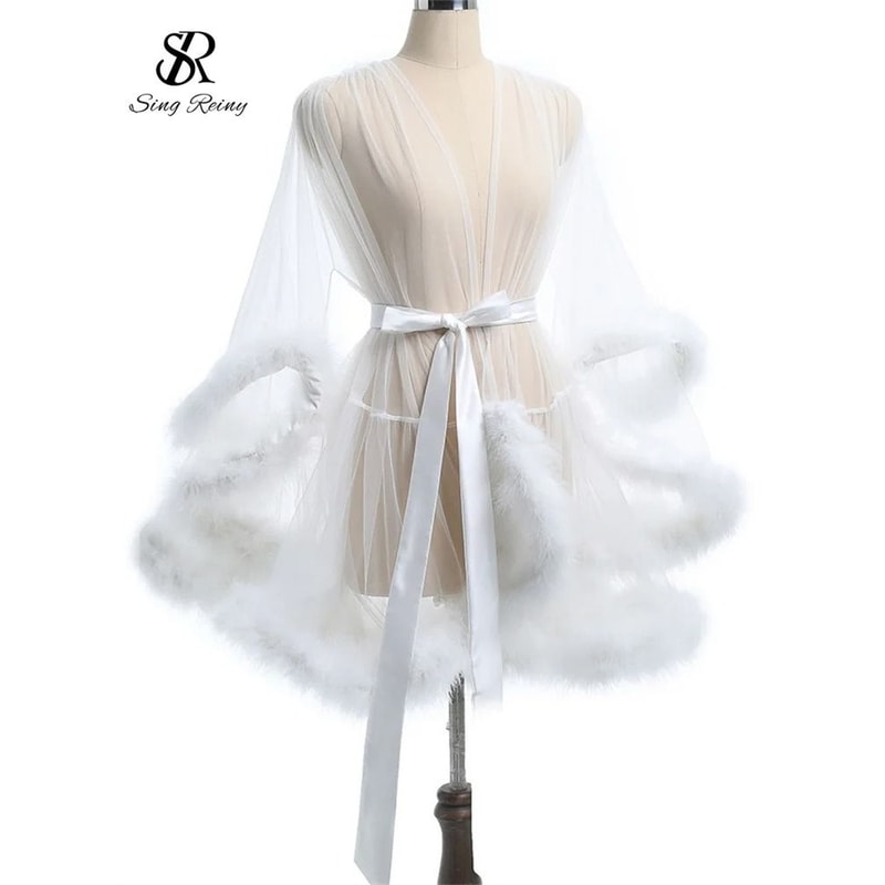 Sheer Erotic Mesh Robe Elegant PlushTrimmed Nightgown 9