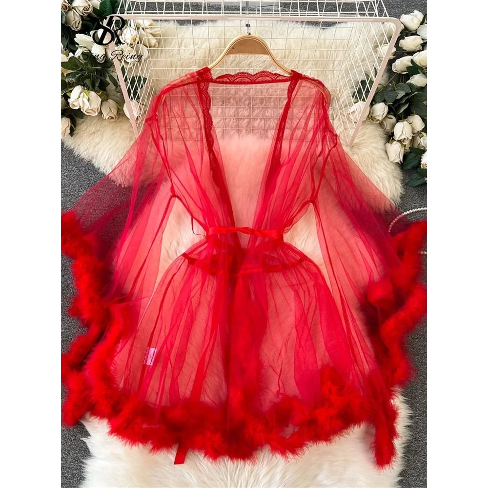 Sheer Erotic Mesh Robe Elegant PlushTrimmed Nightgown 3