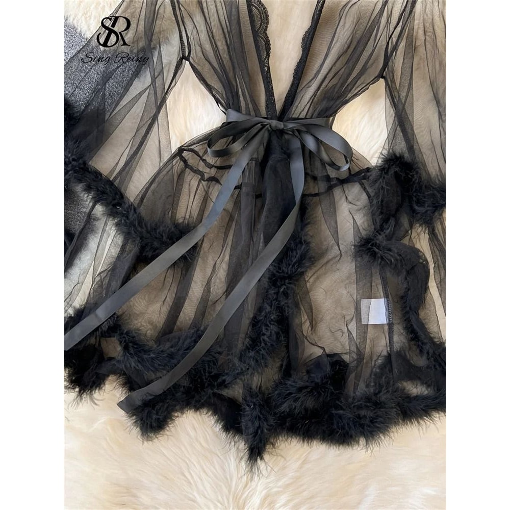 Sheer Erotic Mesh Robe Elegant PlushTrimmed Nightgown 5