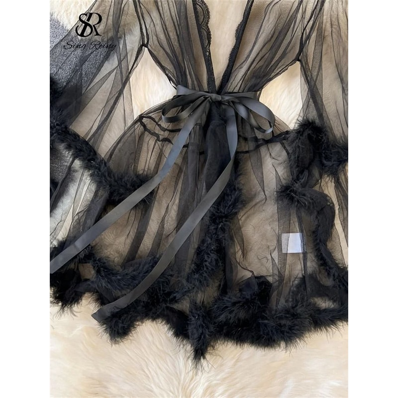 Sheer Erotic Mesh Robe Elegant PlushTrimmed Nightgown 5