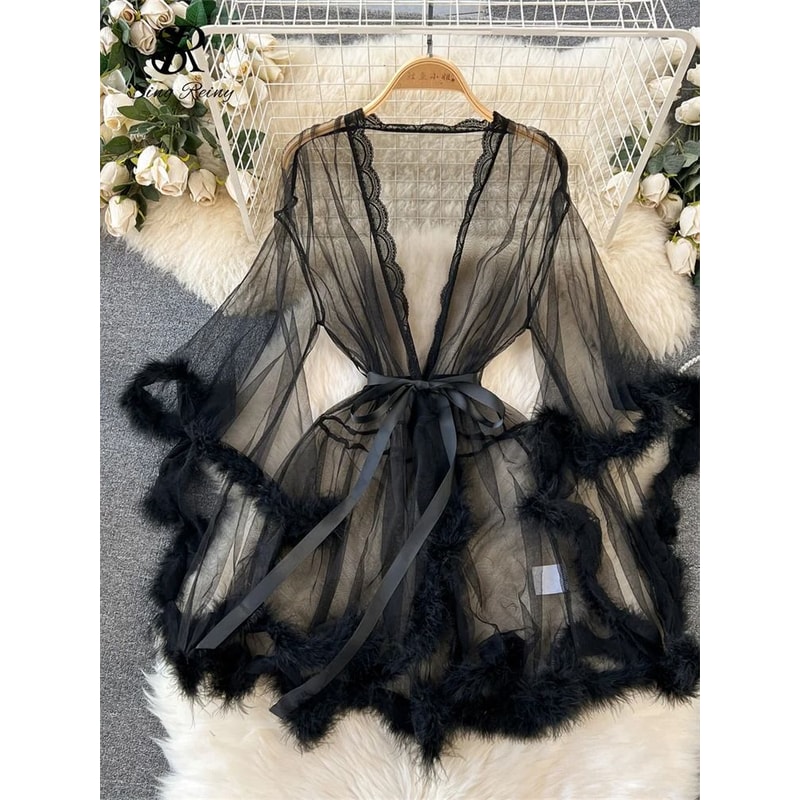 Sheer Erotic Mesh Robe Elegant PlushTrimmed Nightgown 8
