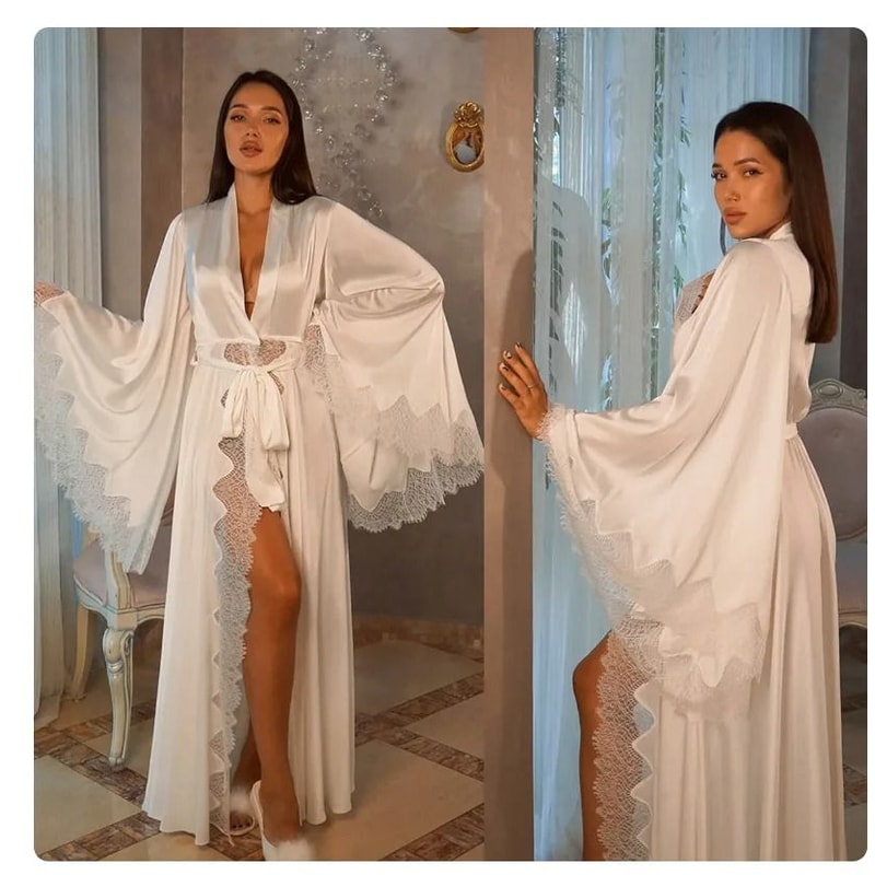 FullLength Silk Satin Lace Robe Glamorous Photography Bridal Gown 5