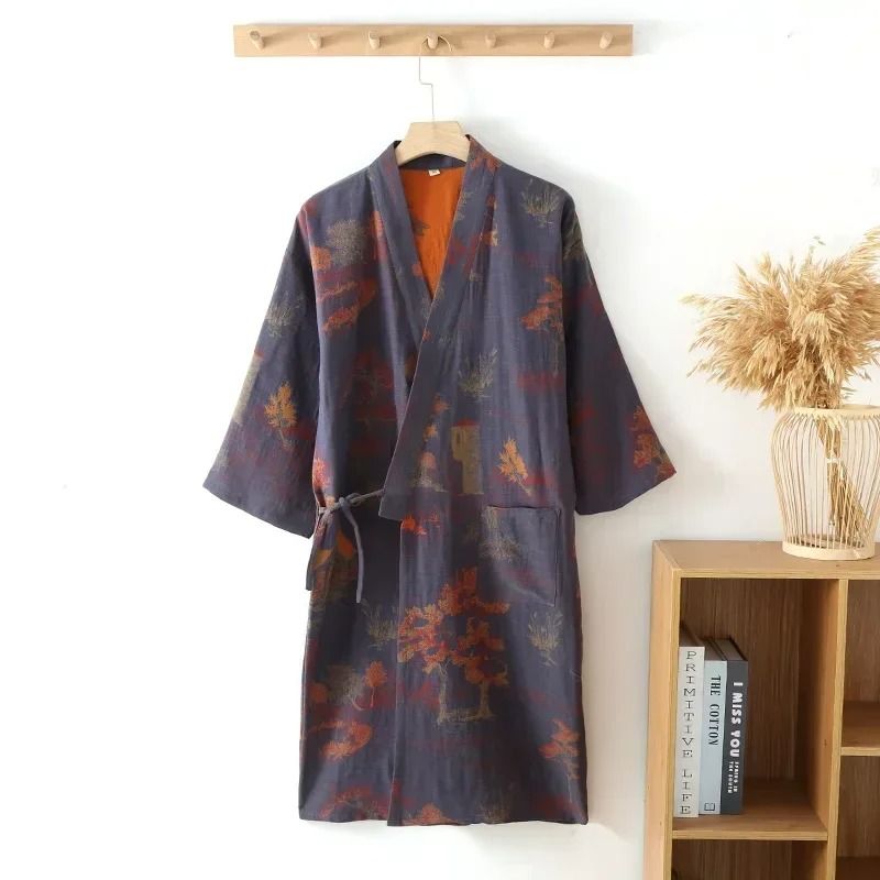 Mens Cotton Jacquard Kimono Pajama Set Breathable 2Piece Home Gown 7
