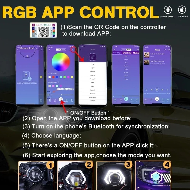 Hexagon RGB LED Angel Eyes Bluetooth AppControlled Halo Rings 4