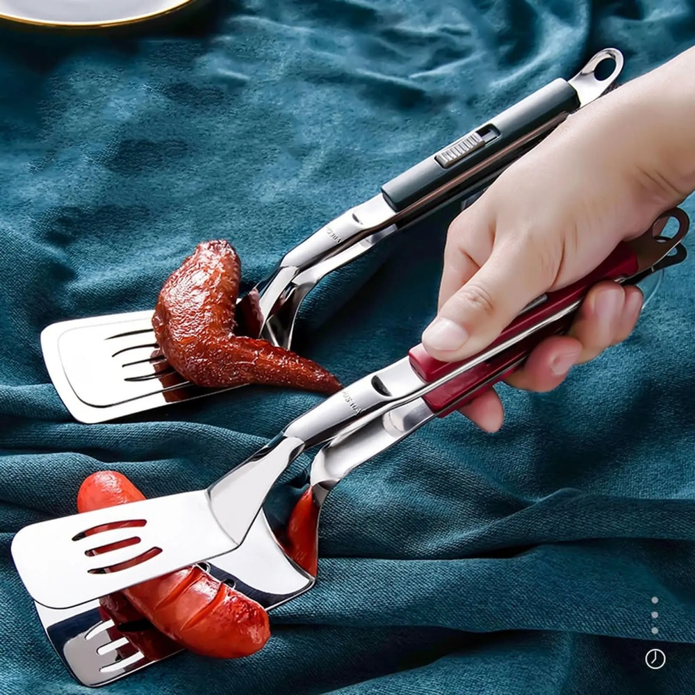 DuoGrip Stainless Steel Spatula Tongs Slotted Grill Steak Clamps 2