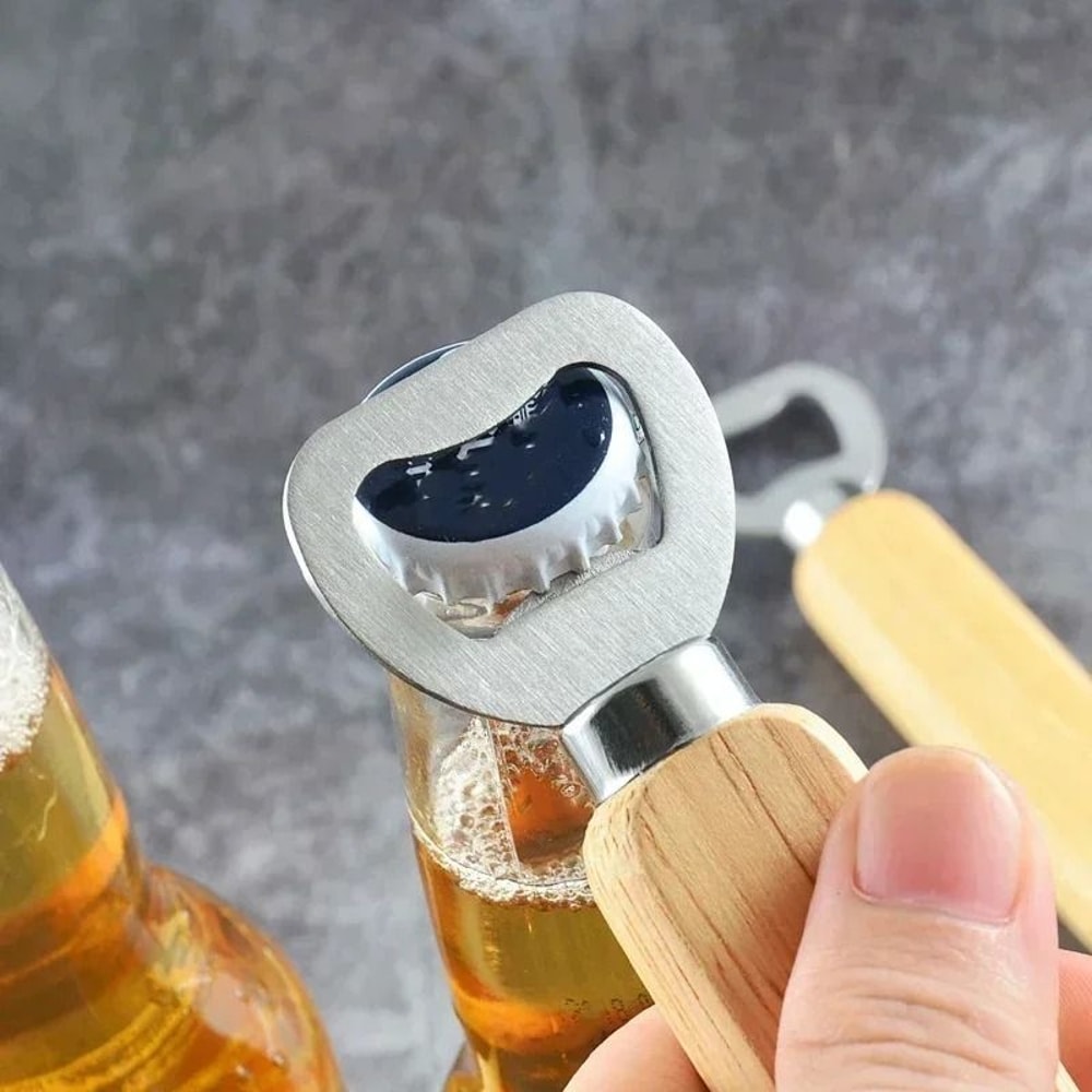 Premium Stainless Steel Bottle Opener Ergonomic Wooden Handle Cap Opener 3