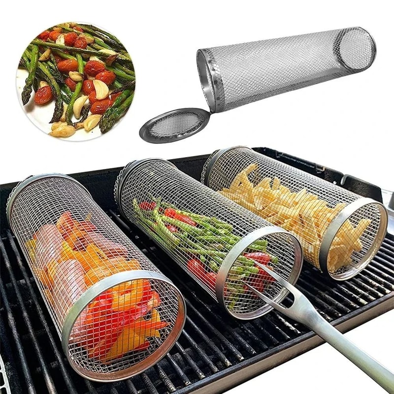 Circular Stainless Steel Rolling BBQ Basket 360 Rotating Mesh Grill Cylinder 0