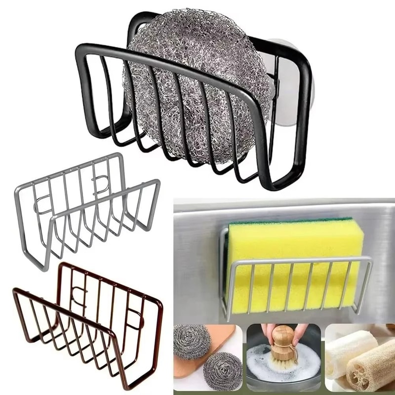 Stainless Steel Sink Sponge Rack Adhesive Kitchen Wire Ball Rag Organizer 3