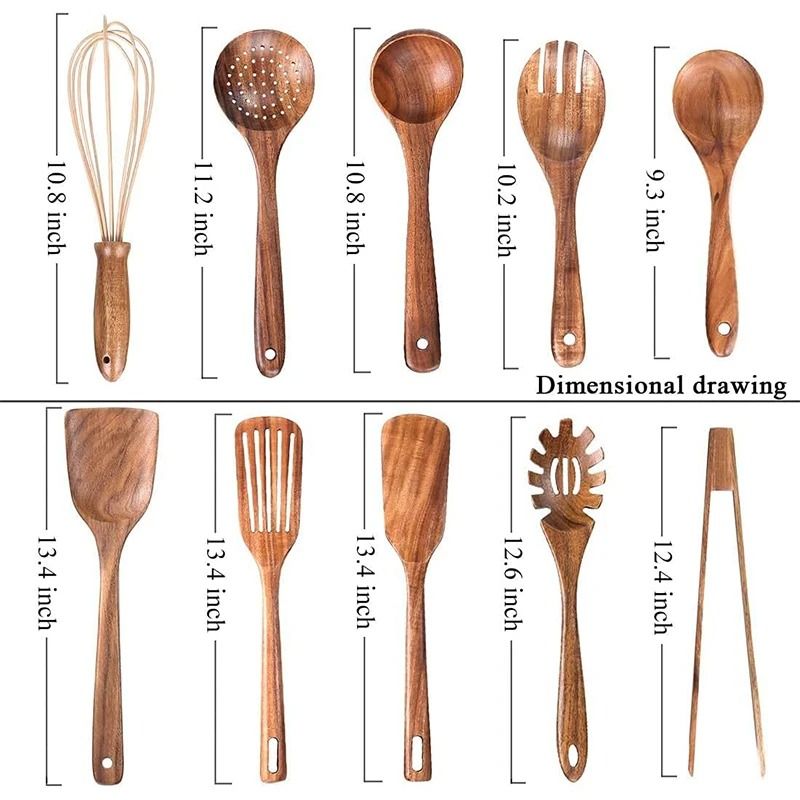 10Pack Artisan Natural Teak Wood Utensil Set Professional Cooking Baking Collection 1