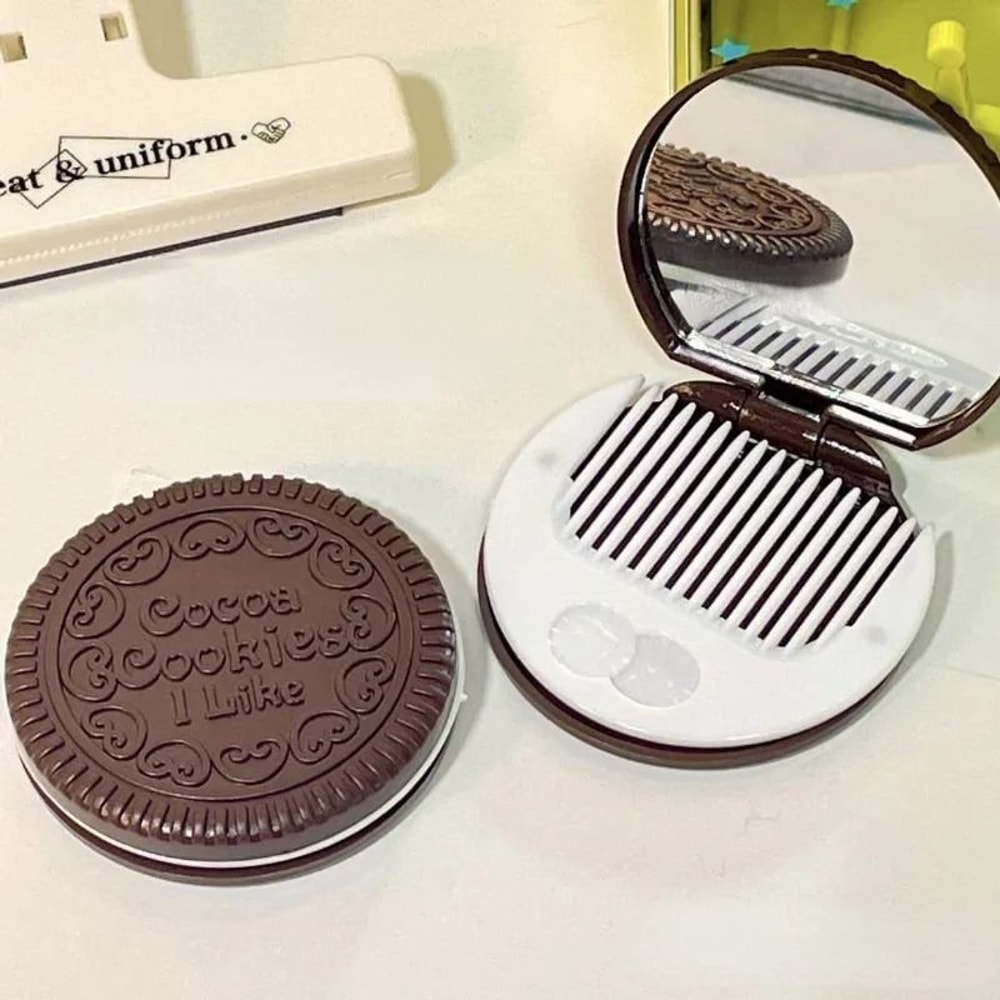 Chocolate Biscuit Mini Folding Mirror Kawaii Round Pocket Mirror With Integrated Comb 1