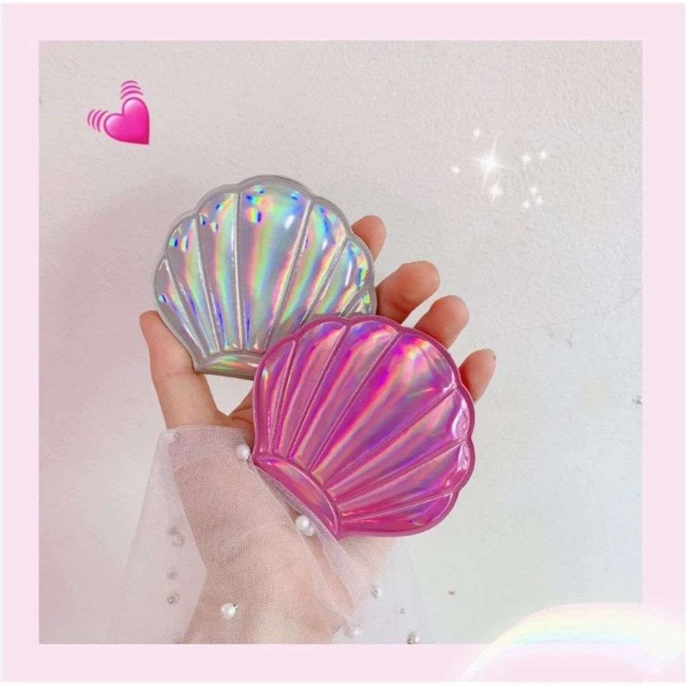 Iridescent ShellShaped Compact Mirror DualSided 2X Magnifying Travel Tool 5