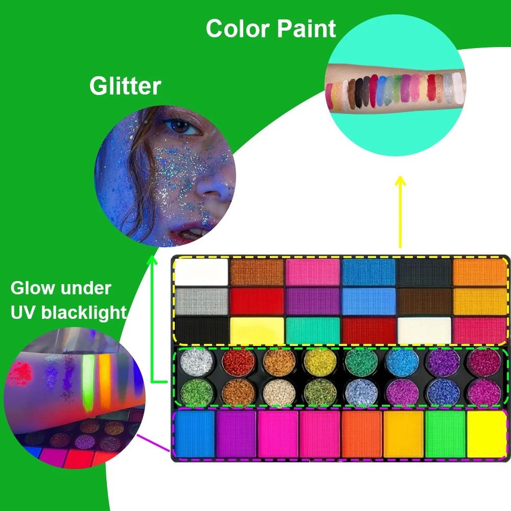 42Color Ultimate UV Neon Face Paint Set Fluorescent Glitter Art Makeup Palette 4
