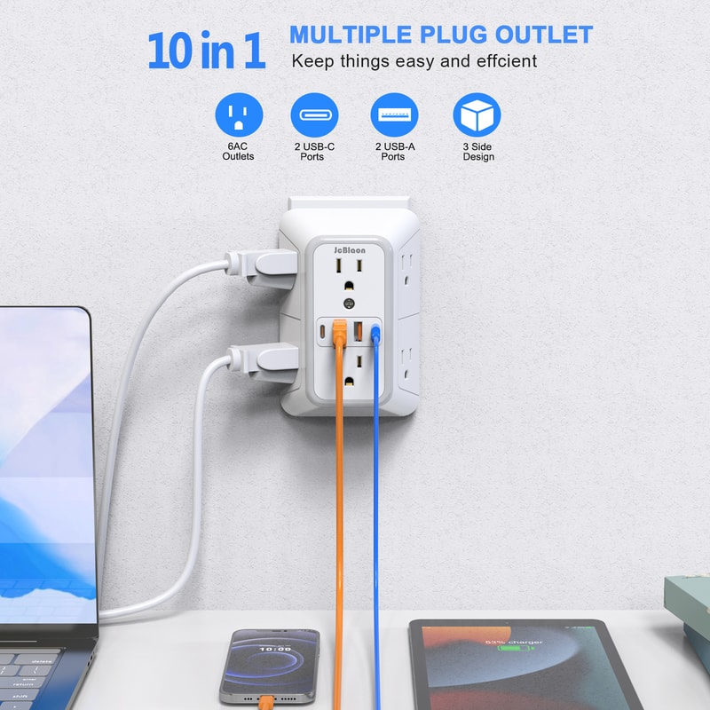 Universal Plug Power Strip, 6 AC Outlets & 4 USB Ports | Surge Protection & Fast Charging