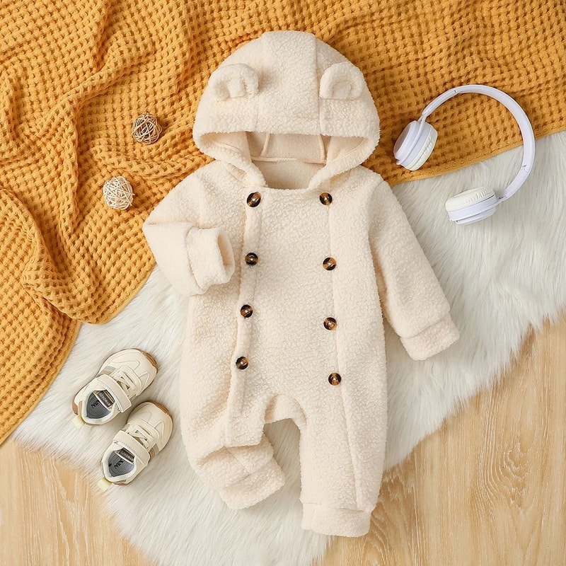 Solid Color Essential Fleece Hooded Romper 0