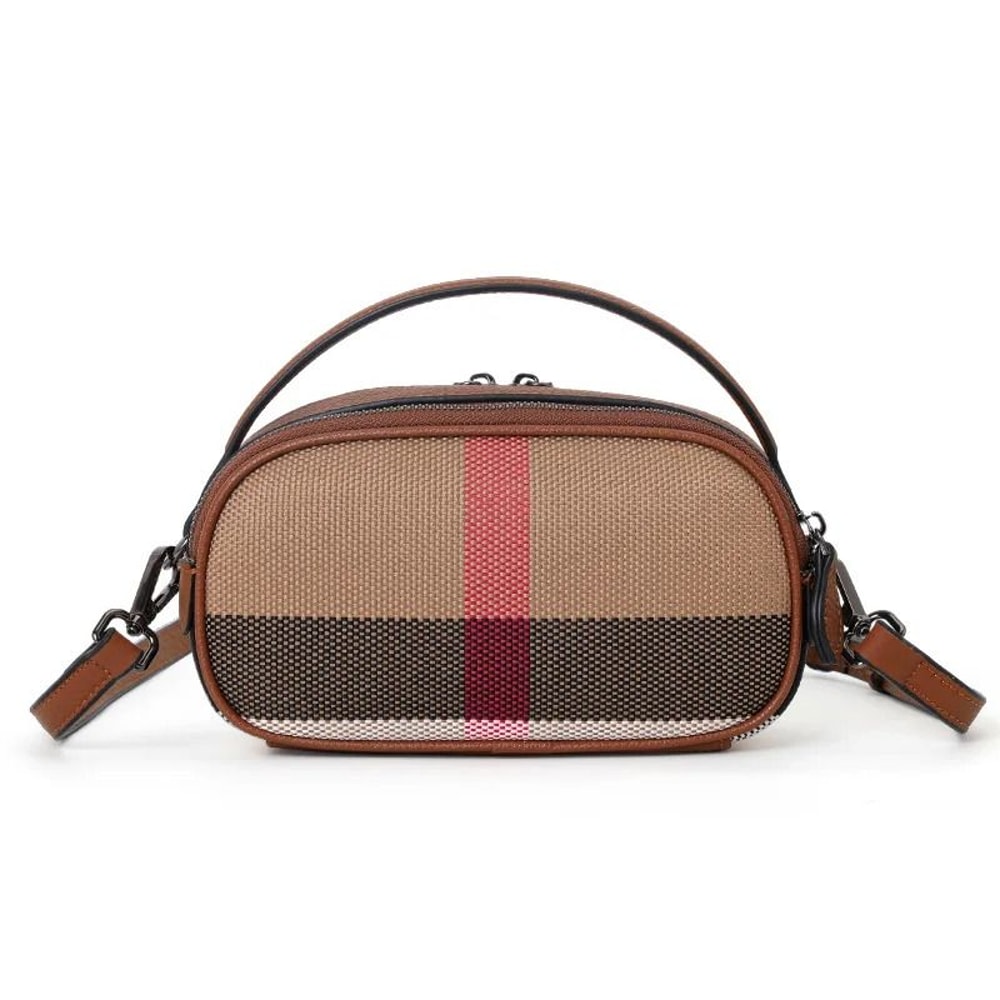 Canvas Cowhide Checkered Round Crossbody Bag 2
