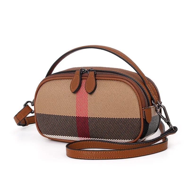 Canvas Cowhide Checkered Round Crossbody Bag 7