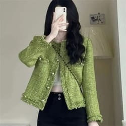 korean vintage green short tweed coat