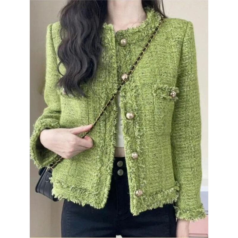 Korean Vintage Green Short Tweed Coat 1