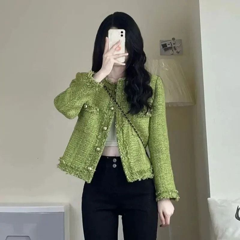 Korean Vintage Green Short Tweed Coat 2