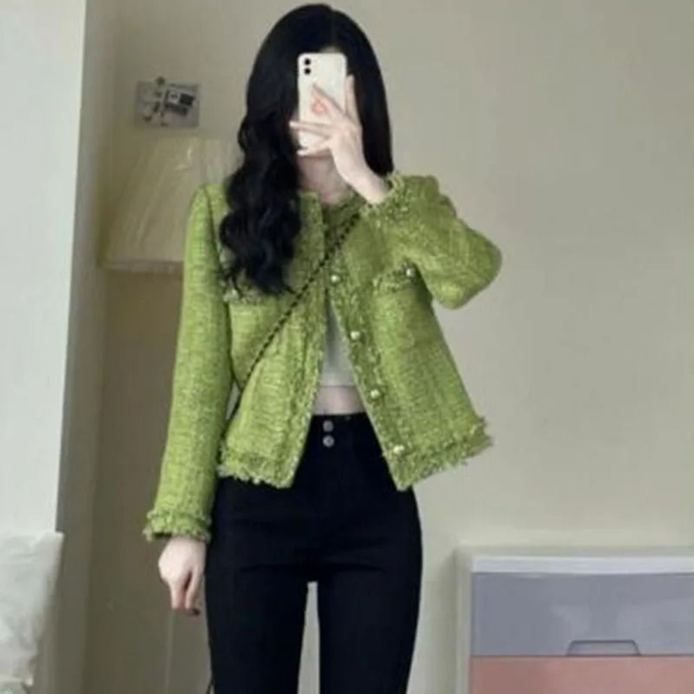 Korean Vintage Green Short Tweed Coat 5
