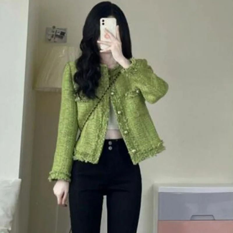 Korean Vintage Green Short Tweed Coat 5