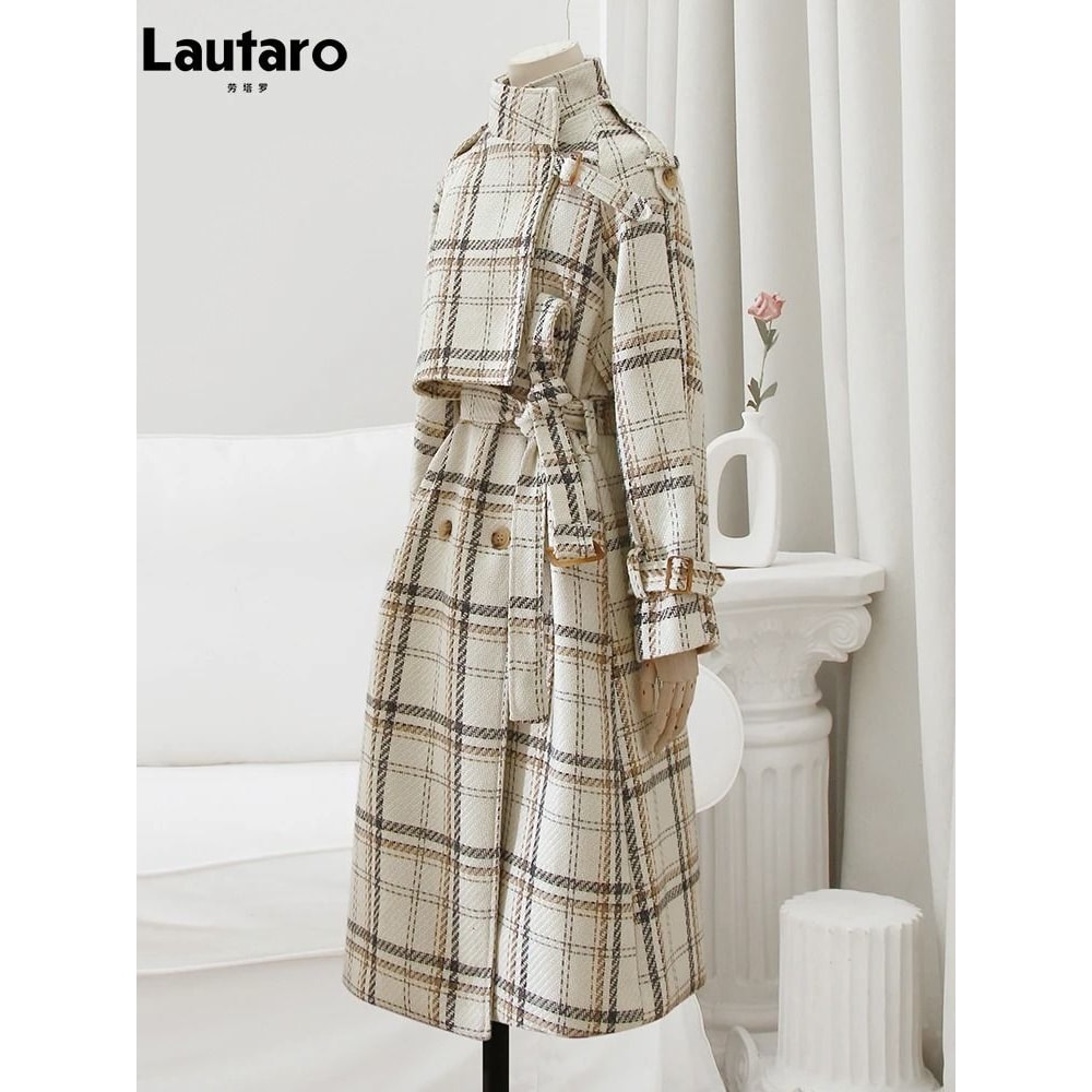 Autumn Winter Long Plaid Wool Blend Trench Coat 1