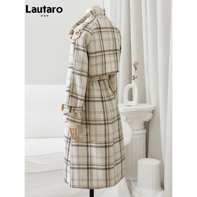 Autumn Winter Long Plaid Wool Blend Trench Coat 2