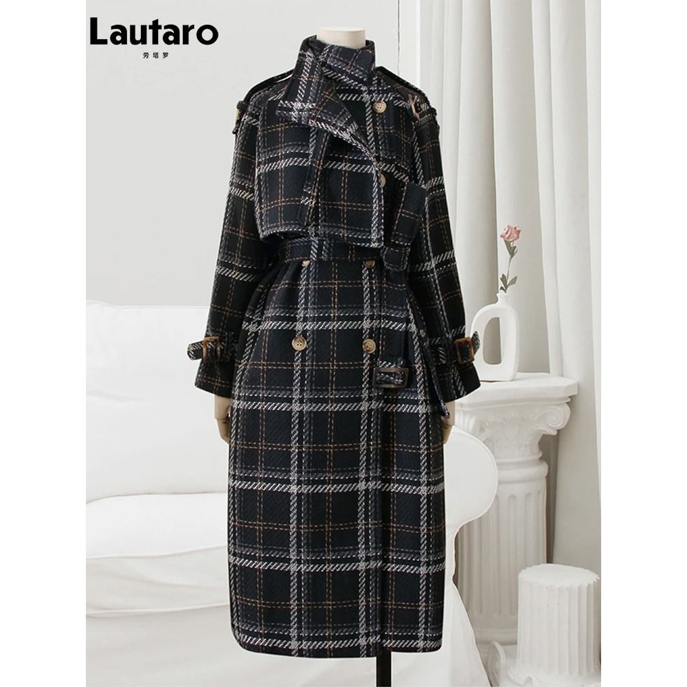 Autumn Winter Long Plaid Wool Blend Trench Coat 3