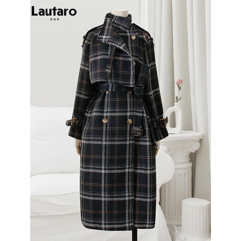 Autumn Winter Long Plaid Wool Blend Trench Coat 3