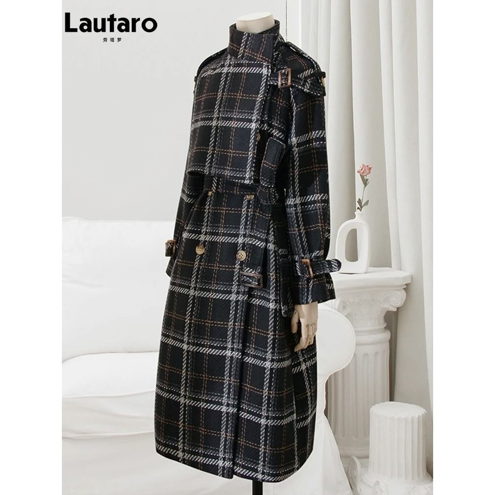 Autumn Winter Long Plaid Wool Blend Trench Coat 4