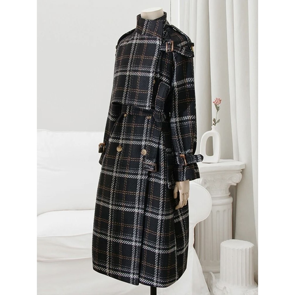 Autumn Winter Long Plaid Wool Blend Trench Coat 8