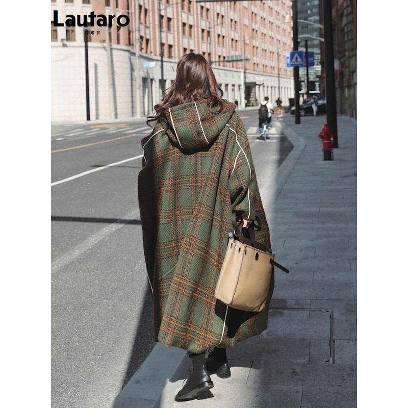 Luxury Runway Oversized Patchwork Plaid Woolen Trench Coat 1