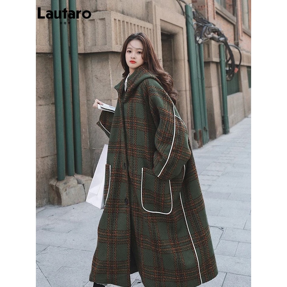 Luxury Runway Oversized Patchwork Plaid Woolen Trench Coat 2