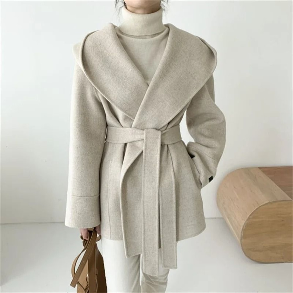 Elegant Hooded LaceUp Woolen Jacket 2