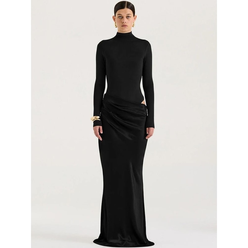Elegant Turtleneck Satin Hollow Out Maxi Dress 4