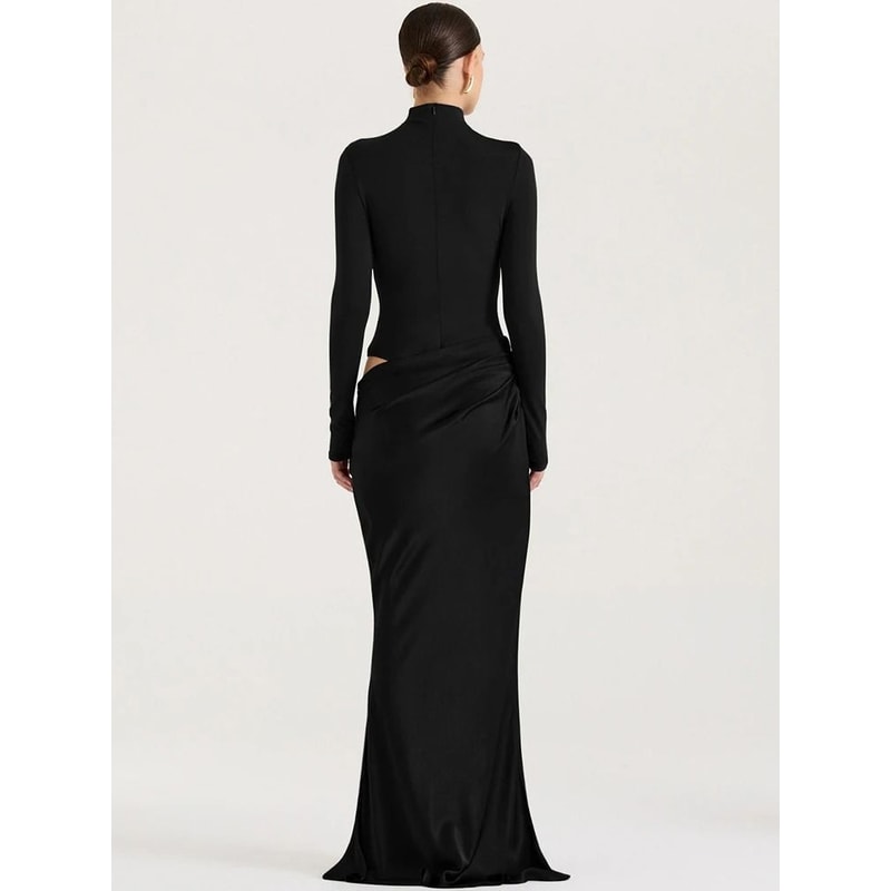 Elegant Turtleneck Satin Hollow Out Maxi Dress 5