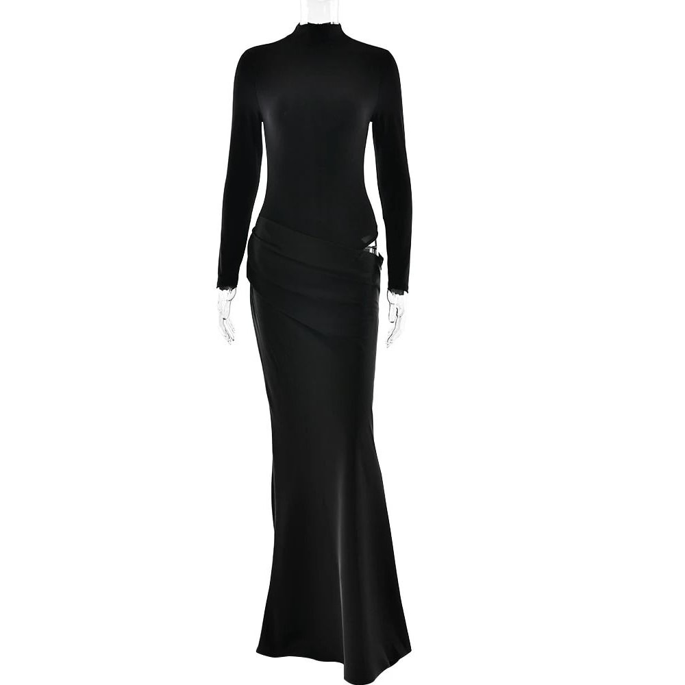 Elegant Turtleneck Satin Hollow Out Maxi Dress 6
