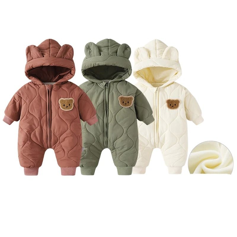 Padded Fleece Cartoon Hooded Baby Romper 0