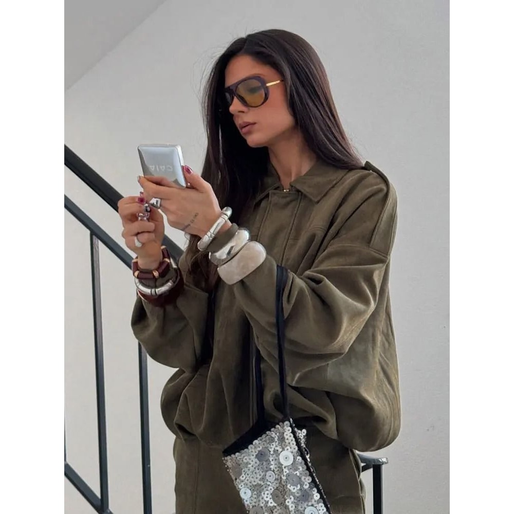 Womens Vintage Suede Loose Bomber Jacket 6