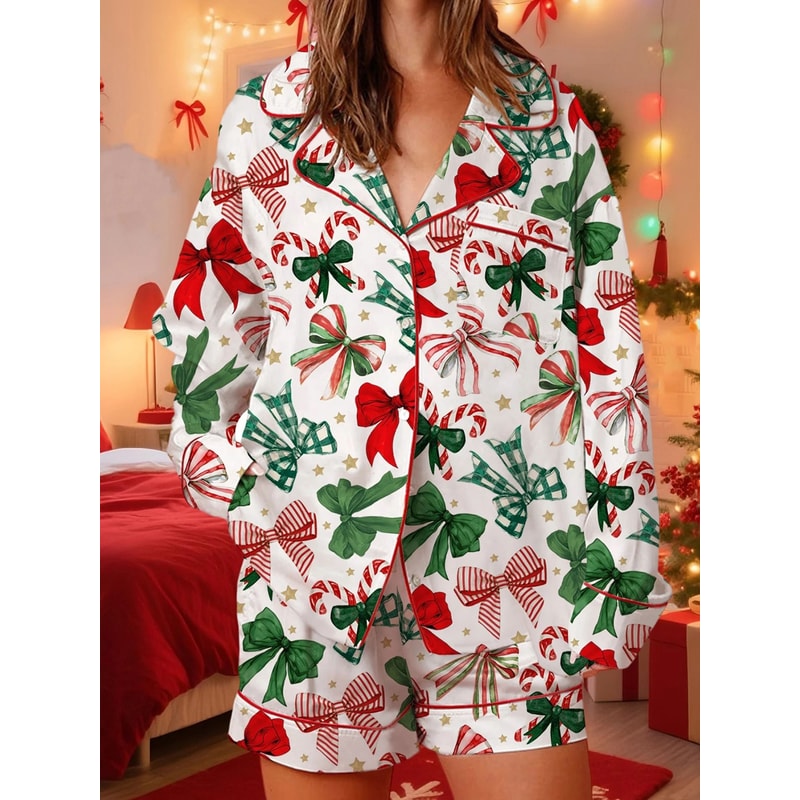Womens Festive Holiday Bow Print Pajama Set 1
