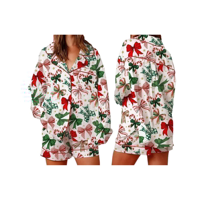 Womens Festive Holiday Bow Print Pajama Set 3