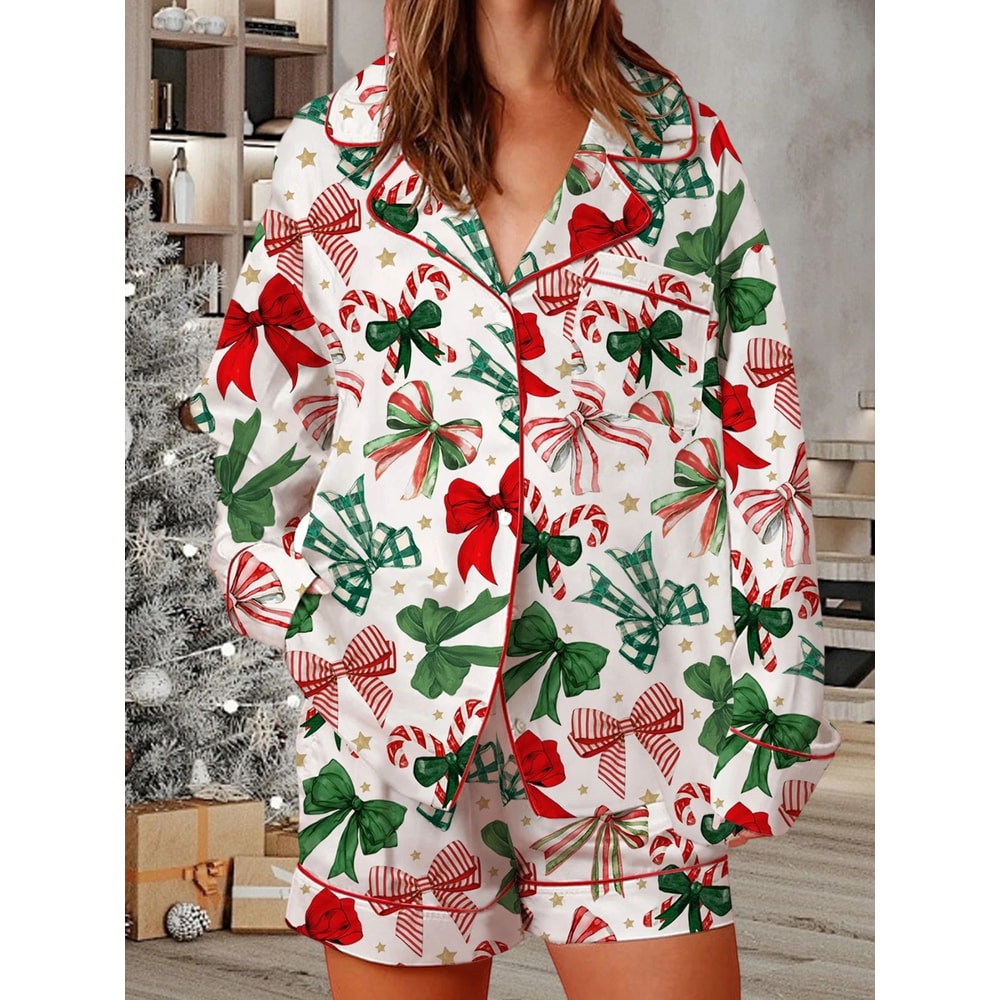 Womens Festive Holiday Bow Print Pajama Set 4