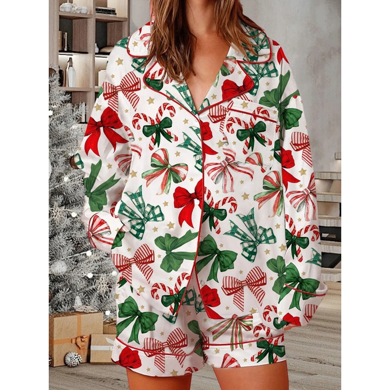 Womens Festive Holiday Bow Print Pajama Set 4
