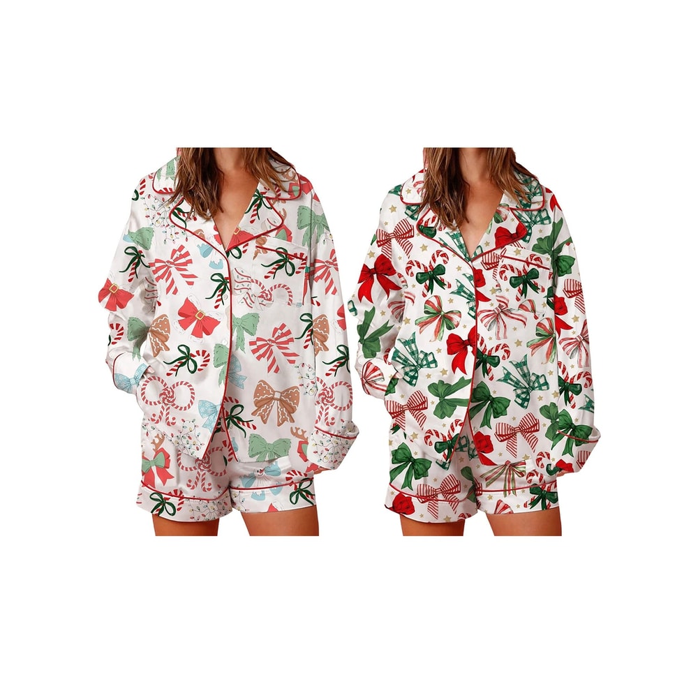 Womens Festive Holiday Bow Print Pajama Set 5